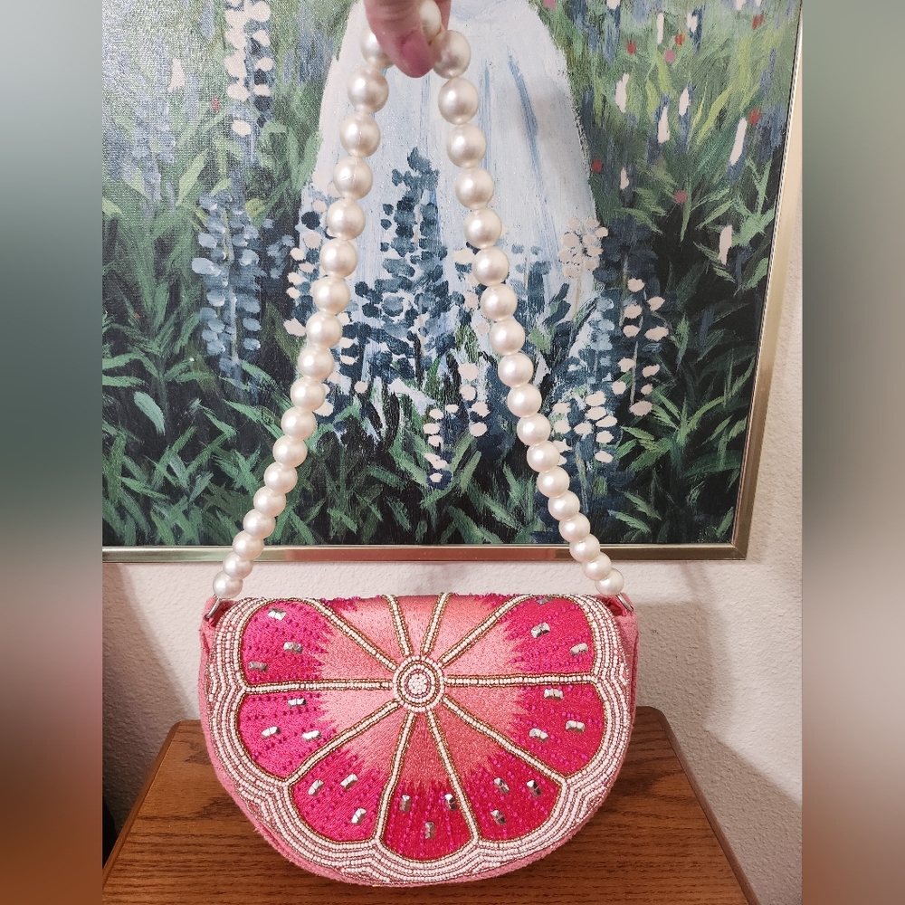 Viral Grapefruit Beaded Clutch with Pearl Strap. Only Used Once. In Ex Condition - Picture 3 of 11